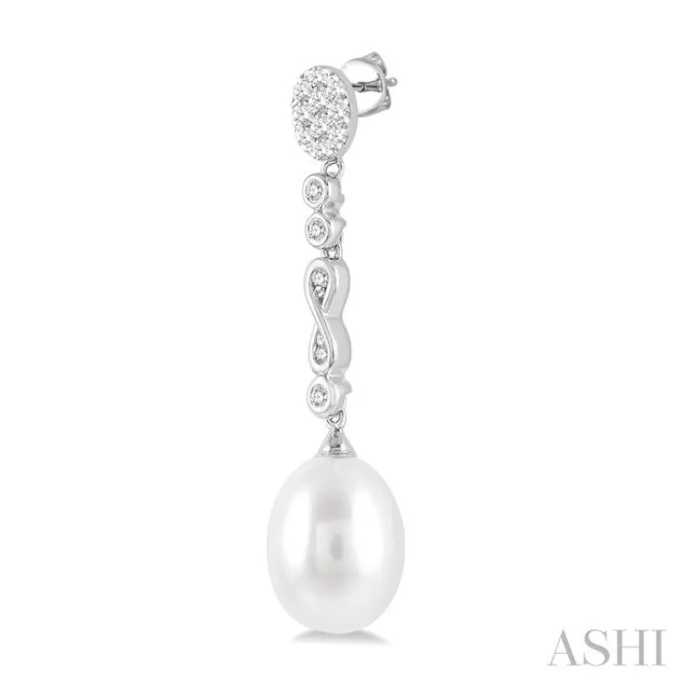 1/4 ctw Round Cut Diamond and 11x8.5MM Pearl Drop Hanging Lovebright Earring in 14K White Gold