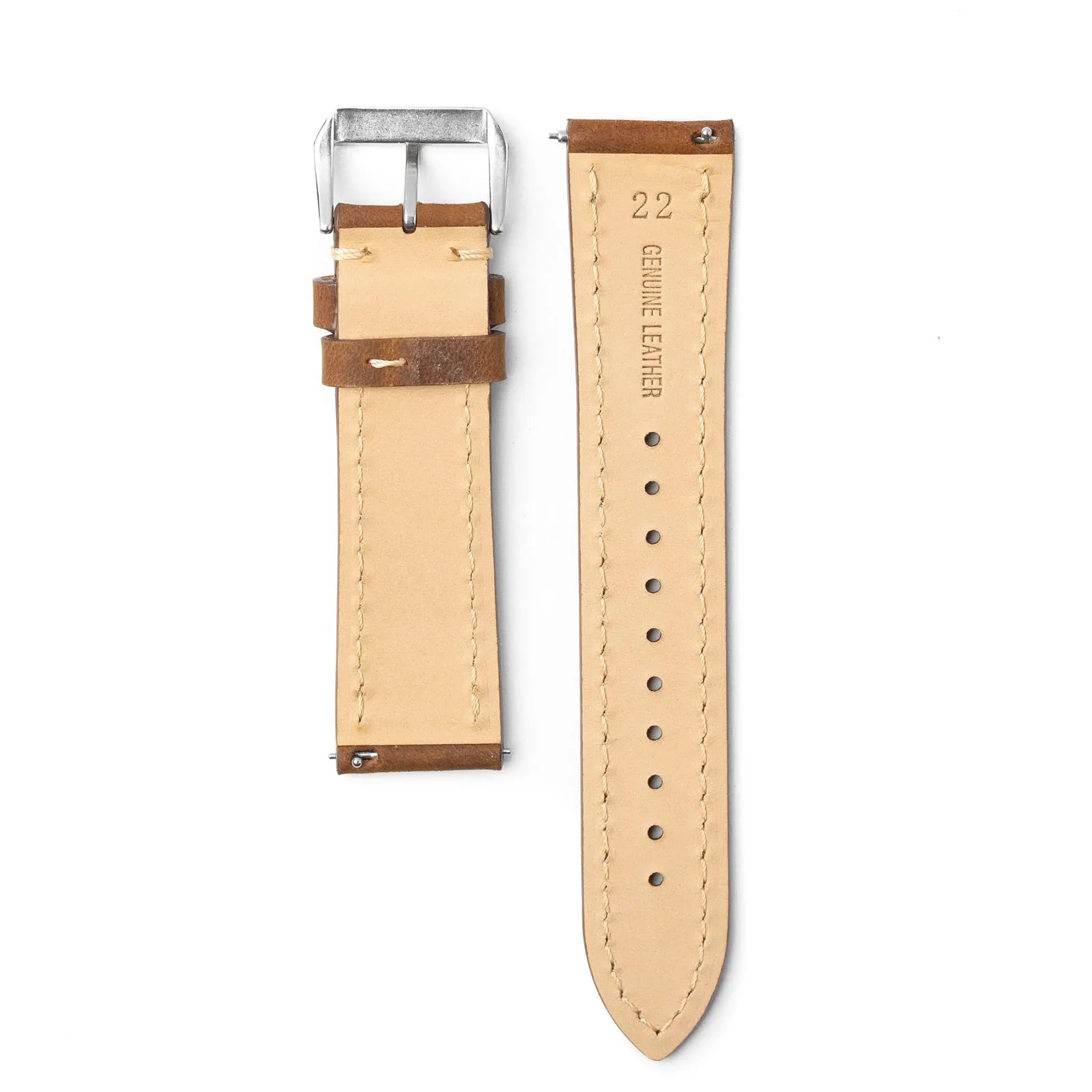 22mm Quick Release Full Stitch Leather Watch Strap - Dark Brown