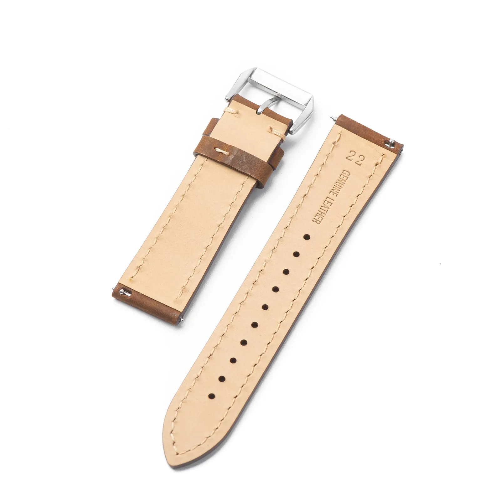 22mm Quick Release Full Stitch Leather Watch Strap - Dark Brown