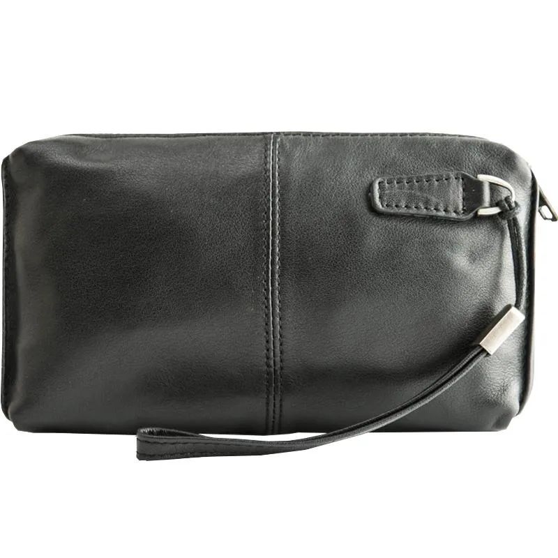 Black Leather Mens Long Zipper Clutch Wallet Wristlet Bag Long Wallet Phone Purse for Men