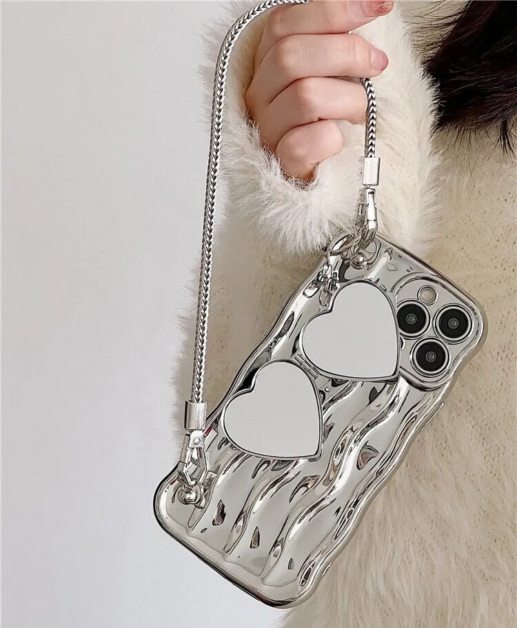 Cute Electroplated Silver 3D Waves Design   Silver Heart Shape Mirror Chain Strap Protective iPhone Case for iPhone 11 12 13 14 Pro Max Case