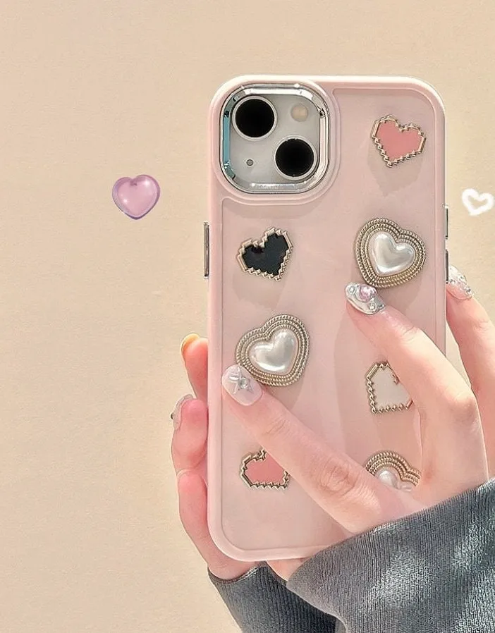 Cute Kawaii Simple Solid Pink Decoden Studded Hearts Pearls Design Protective Shockproof iPhone Case for iPhone 11 12 13 14 15 Pro Max Case