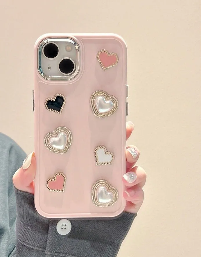 Cute Kawaii Simple Solid Pink Decoden Studded Hearts Pearls Design Protective Shockproof iPhone Case for iPhone 11 12 13 14 15 Pro Max Case