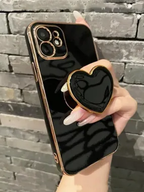 Electroplating Love Heart Bracket Phone Case for iPhone 15 14 13 12 11 Xs Xr X 7 8 Plus Pro Max, Electroplated Protective Cover