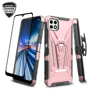 For Boost Celero 5G Case with Tempered Glass Screen Protector Heavy Duty Protective Phone Case,Built-in Kickstand Rugged Shockproof Protective Phone Case - Rose Gold