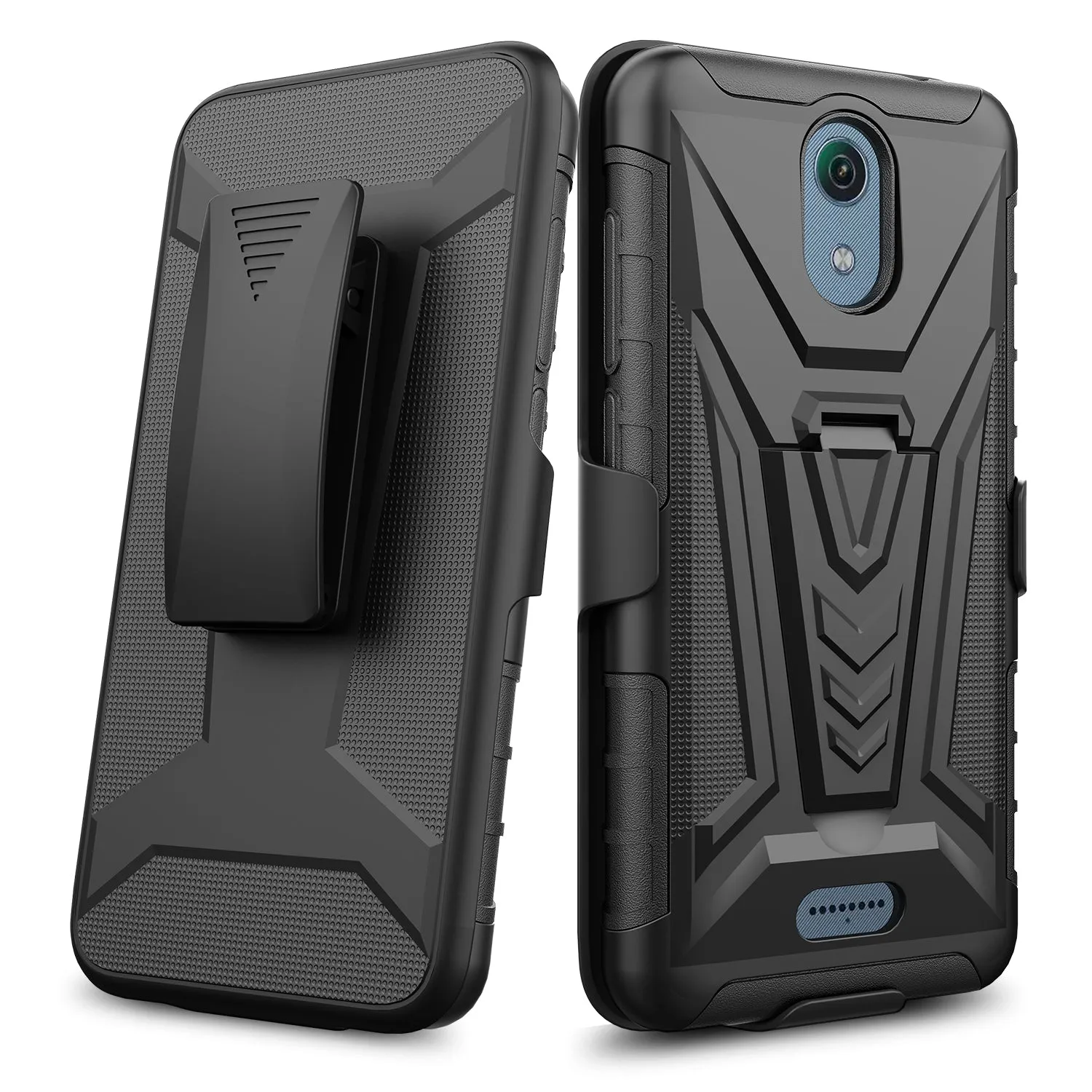 For Cricket Vision 3 /AT&T Calypso (U318AA) Case with Tempered Glass Screen Protector Heavy Duty Protective Phone Case,Built-in Kickstand Rugged Shockproof Protective Phone Case - Black