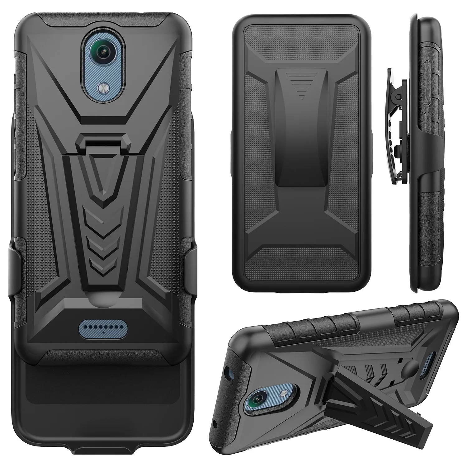 For Cricket Vision 3 /AT&T Calypso (U318AA) Case with Tempered Glass Screen Protector Heavy Duty Protective Phone Case,Built-in Kickstand Rugged Shockproof Protective Phone Case - Black