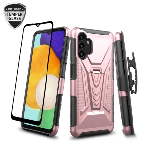 For Samsung Galaxy A13 5G Case with Tempered Glass Screen Protector Heavy Duty Protective Phone Case,Built-in Kickstand Rugged Shockproof Protective Phone Case - Rose Gold