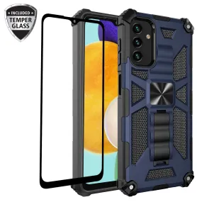 For Samsung Galaxy A14 5G Case [Military Grade] Ring Car Mount Kickstand w/[Tempered Glass] Hybrid Hard PC Soft TPU Shockproof Protective Case - Blue