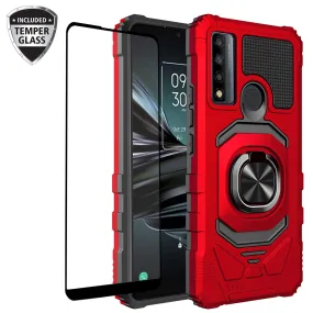 For TCL 20 A 5G / 4X 5G Case [Military Grade] Ring Car Mount Kickstand w/[Tempered Glass] Hybrid Hard PC Soft TPU Shockproof Protective Case - Red