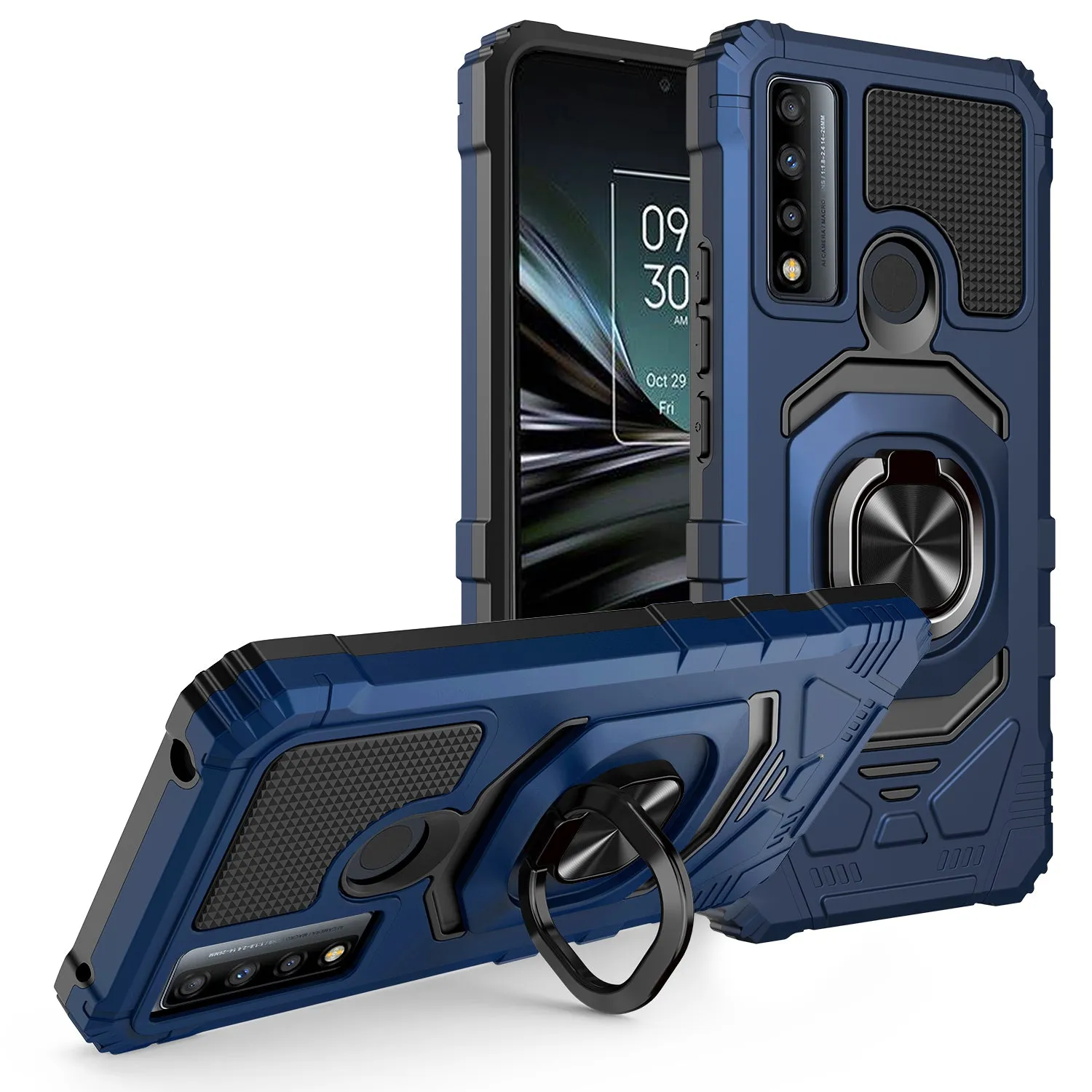 For TCL 20 XE Case [Military Grade] Ring Car Mount Kickstand w/[Tempered Glass] Hybrid Hard PC Soft TPU Shockproof Protective Case - Blue