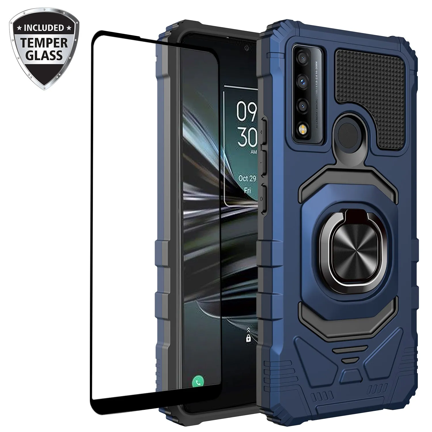 For TCL 20 XE Case [Military Grade] Ring Car Mount Kickstand w/[Tempered Glass] Hybrid Hard PC Soft TPU Shockproof Protective Case - Blue