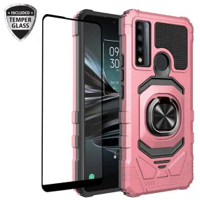 For TCL 20 XE Case [Military Grade] Ring Car Mount Kickstand w/[Tempered Glass] Hybrid Hard PC Soft TPU Shockproof Protective Case - Rose Gold