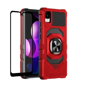 For TCL 30z / 30 LE Case [Military Grade] Ring Car Mount Kickstand w/[Tempered Glass] Hybrid Hard PC Soft TPU Shockproof Protective Case - Red