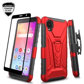 For TCL A3 Case with Tempered Glass Screen Protector Heavy Duty Protective Phone Case,Built-in Kickstand Rugged Shockproof Protective Phone Case - Red