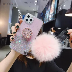 Glitter Phone Case with Holder Stand and Pink Poof