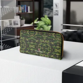 Green Camouflage Print Zipper Wallet, Camouflage Army Military Print Long Compact Designer Premium Quality Women's Wallet