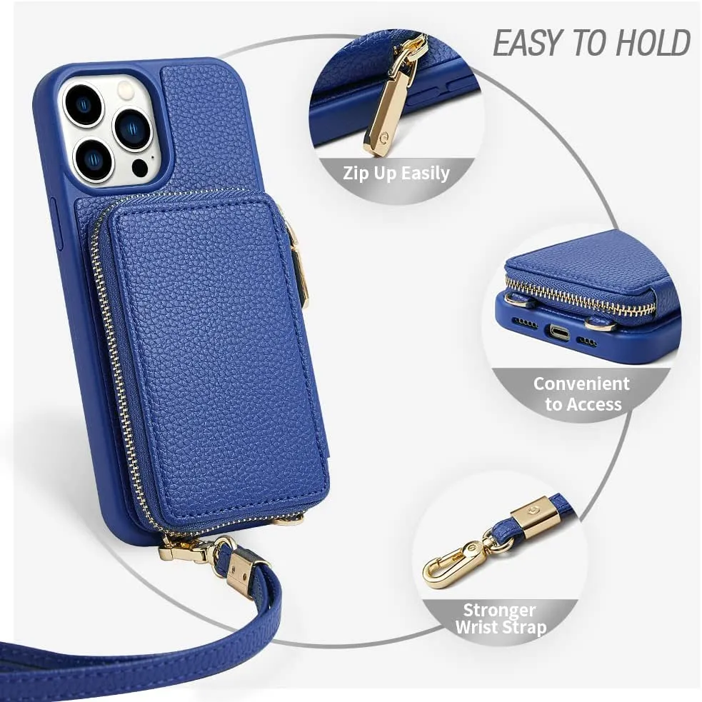 iPhone 14 Pro Max, Zipper Leather Case Women Compatible 6.7 inch Navy Blue