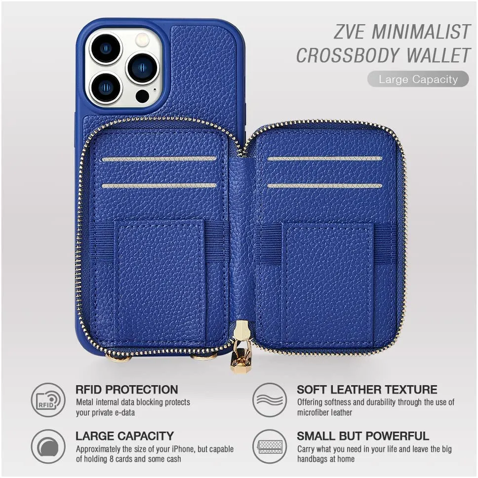 iPhone 14 Pro Max, Zipper Leather Case Women Compatible 6.7 inch Navy Blue