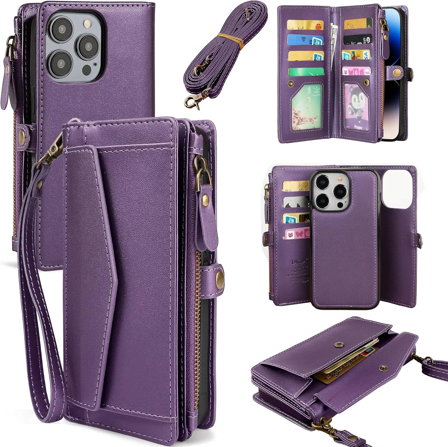 iPhone 15 Pro Wallet Case Support Wireless Charging Phone Case Crossbody Strap Purple