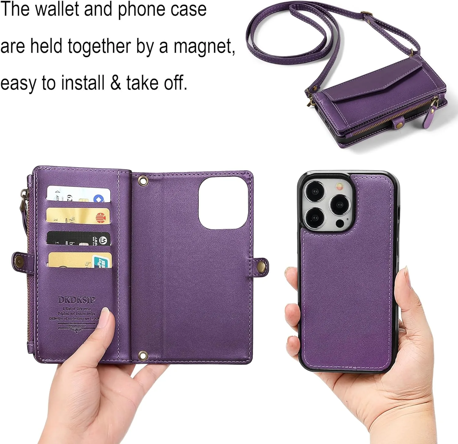 iPhone 15 Pro Wallet Case Support Wireless Charging Phone Case Crossbody Strap Purple