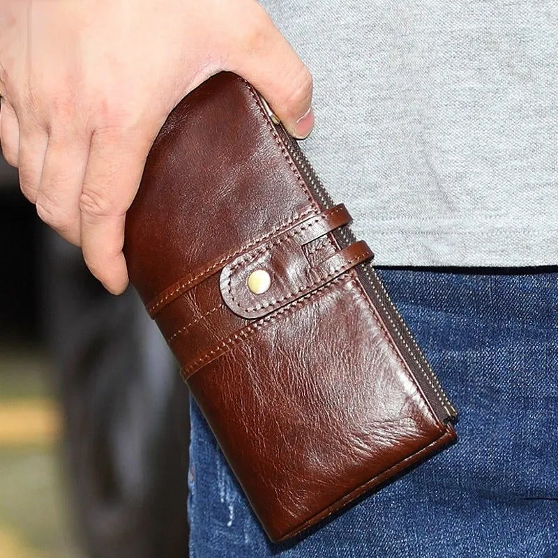 Men Genuine Leather Vintage Long Wallet Phone Bag Card Holder Photo Pocket