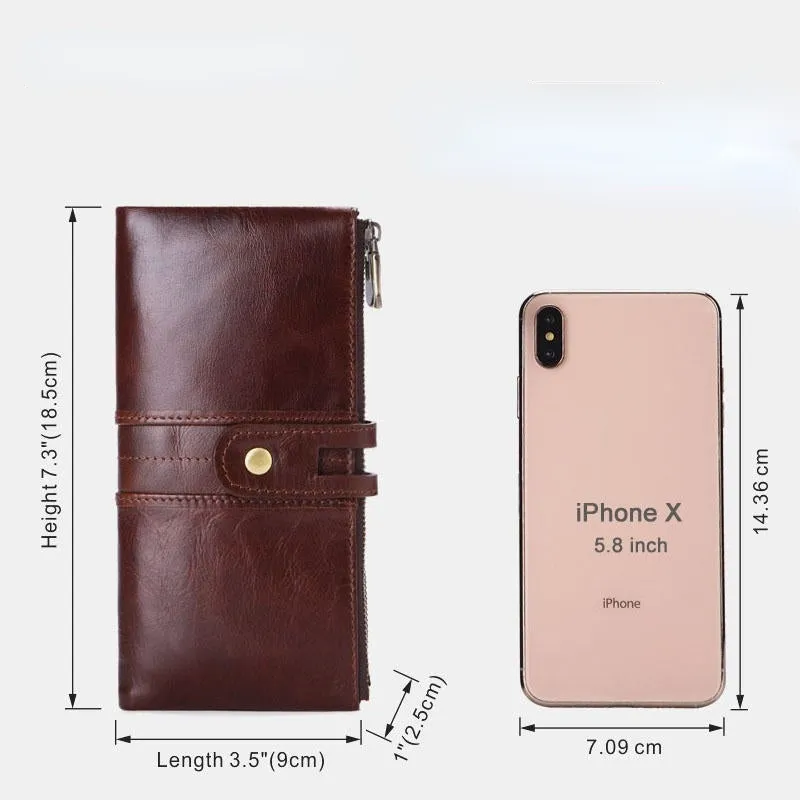 Men Genuine Leather Vintage Long Wallet Phone Bag Card Holder Photo Pocket