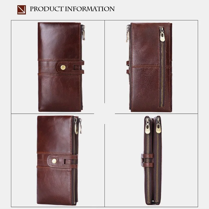 Men Genuine Leather Vintage Long Wallet Phone Bag Card Holder Photo Pocket