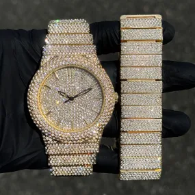 Men's 46mm Luxury Diamond Watch & Bracelet Set - Fully Iced Out Band with Brilliant Crystals