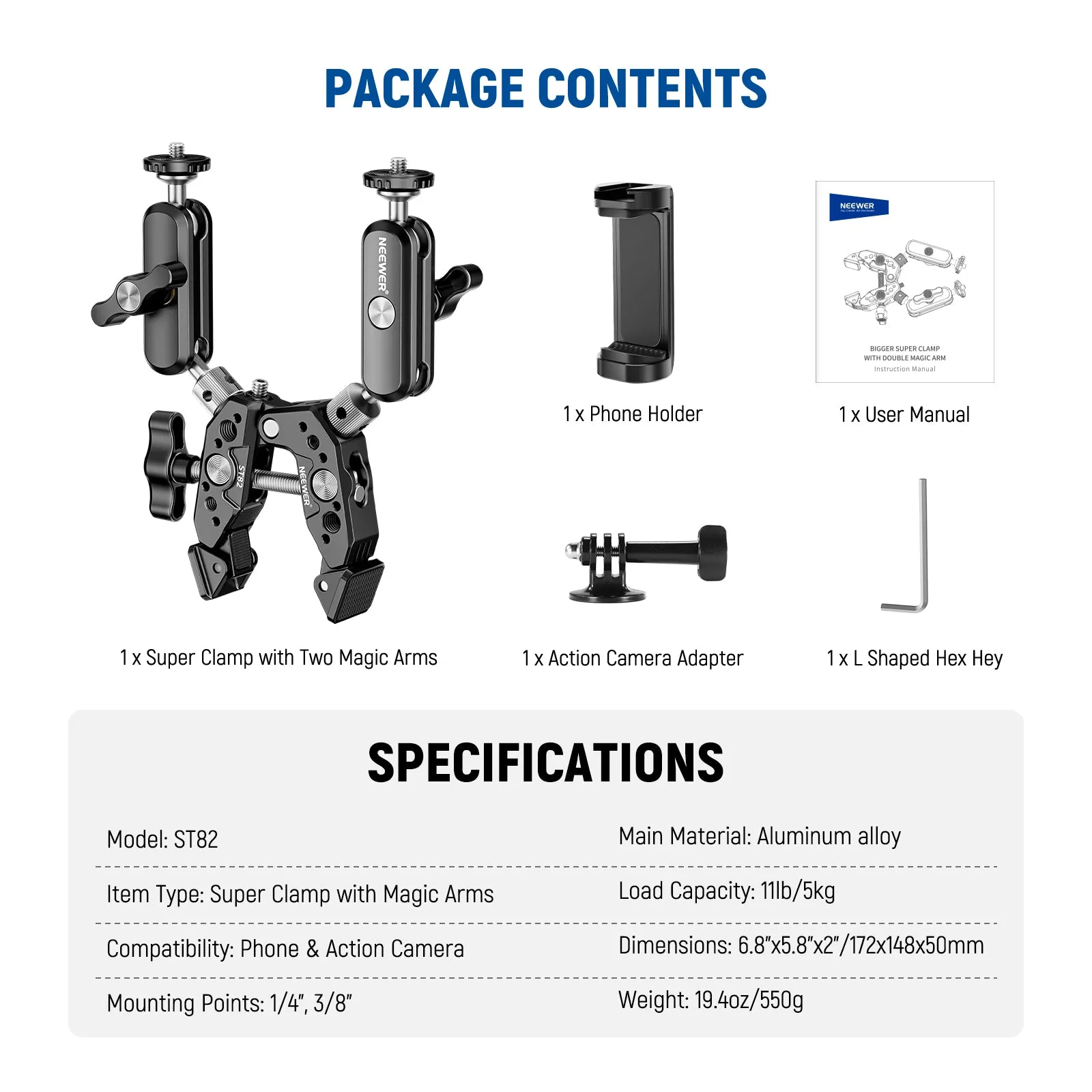 NEEWER ST89 Heavy Duty Super Clamp with Two 360° Dual Ball Head Magic Arms