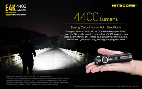 Nitecore E4K 4400 Lumen USB-C Rechargeable Flashlight 1 x 21700 Battery 4x CREE XP-L2 V6 LED