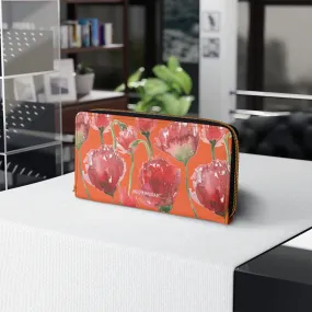 Orange Red Tulips Zipper Wallet, Red Tulips Flower Print Best Long Compact Wallet For Women