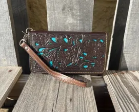 PH-03 Coffee with Turquoise Inlay Phone Case Wristlet Wallet