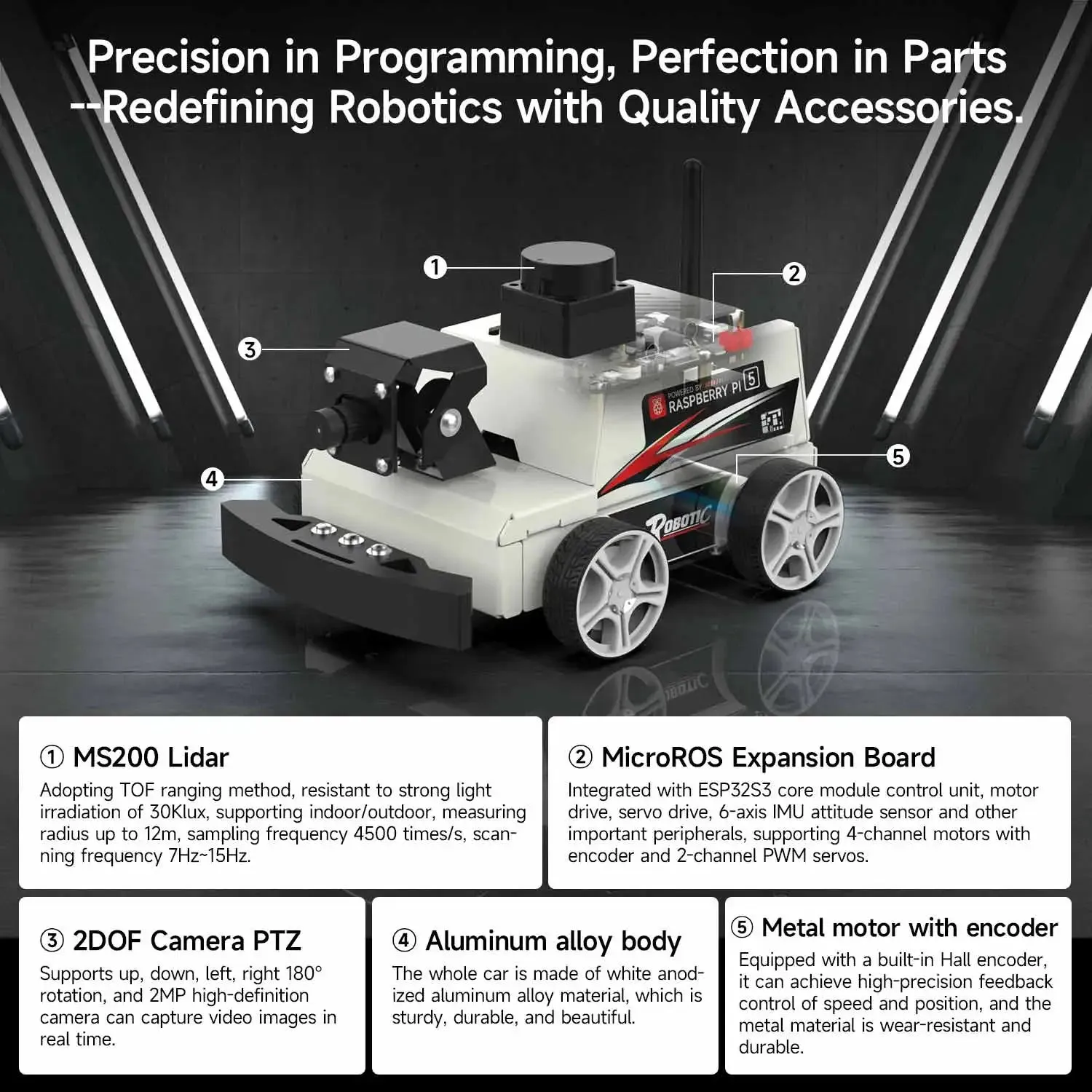 Raspberry Pi 5 Car ROS2 Educational Robot Kit with MS200 TOF Lidar Support SLAM Mapping Navigation AI Visual Recognition Python3