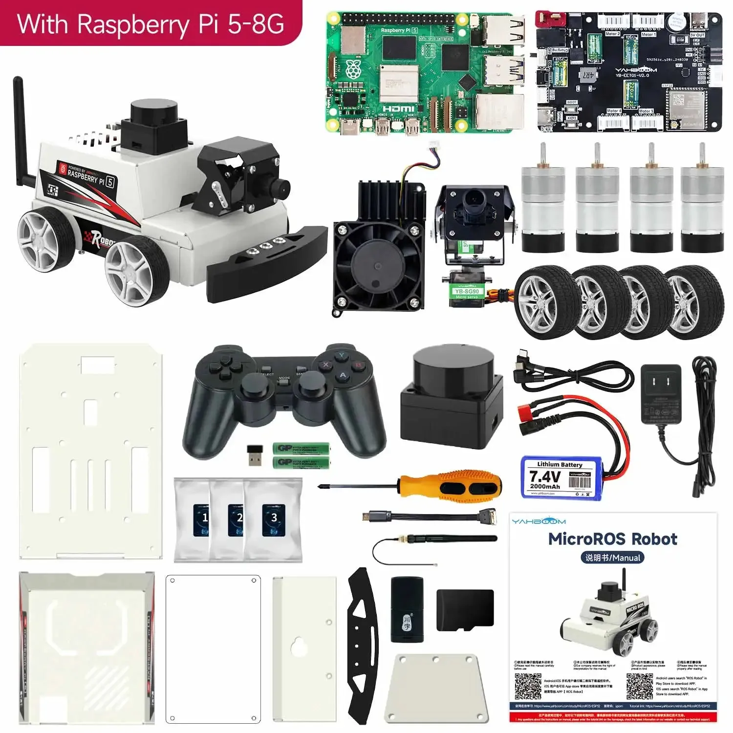 Raspberry Pi 5 Car ROS2 Educational Robot Kit with MS200 TOF Lidar Support SLAM Mapping Navigation AI Visual Recognition Python3