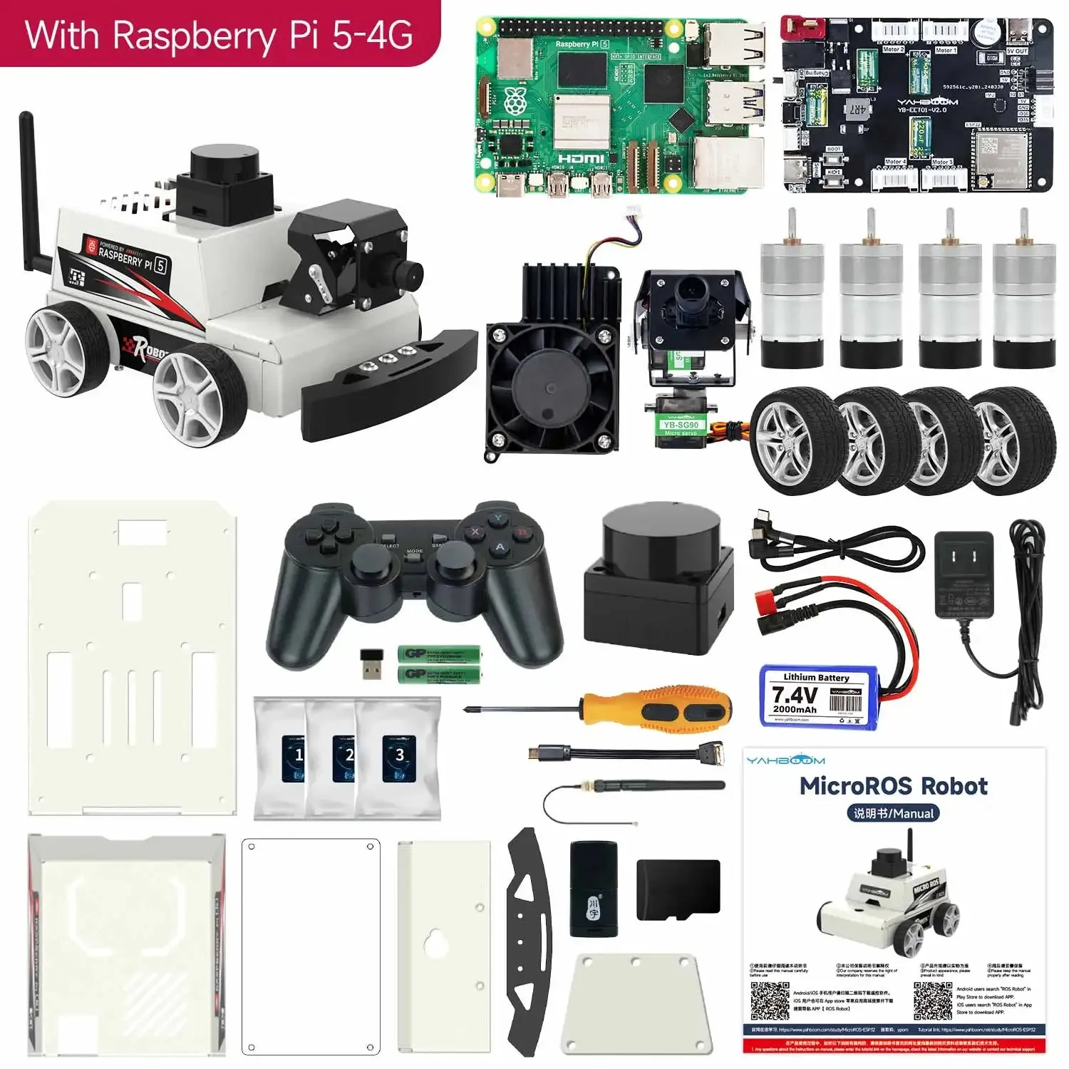 Raspberry Pi 5 Car ROS2 Educational Robot Kit with MS200 TOF Lidar Support SLAM Mapping Navigation AI Visual Recognition Python3