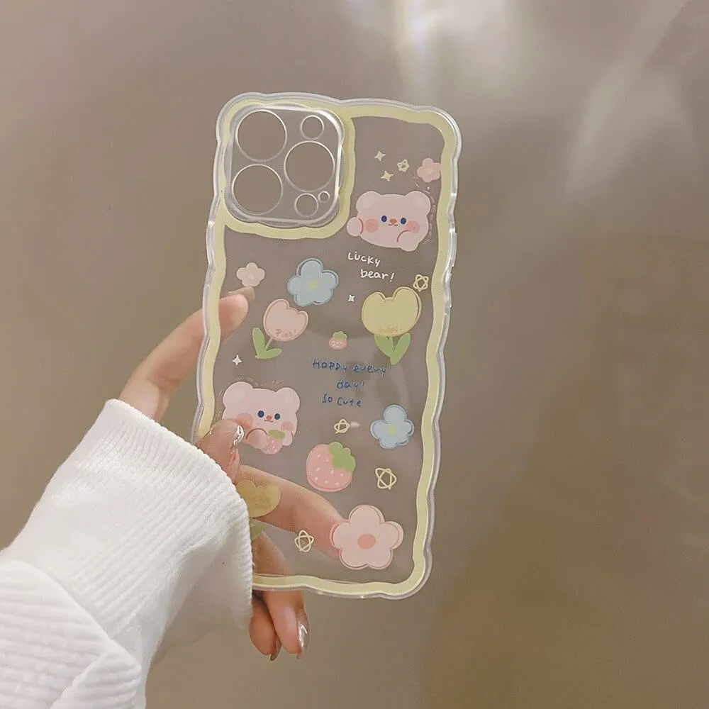 Sweet Summer Chocolate Bear Flowers Transparent Phone Case For iPhone