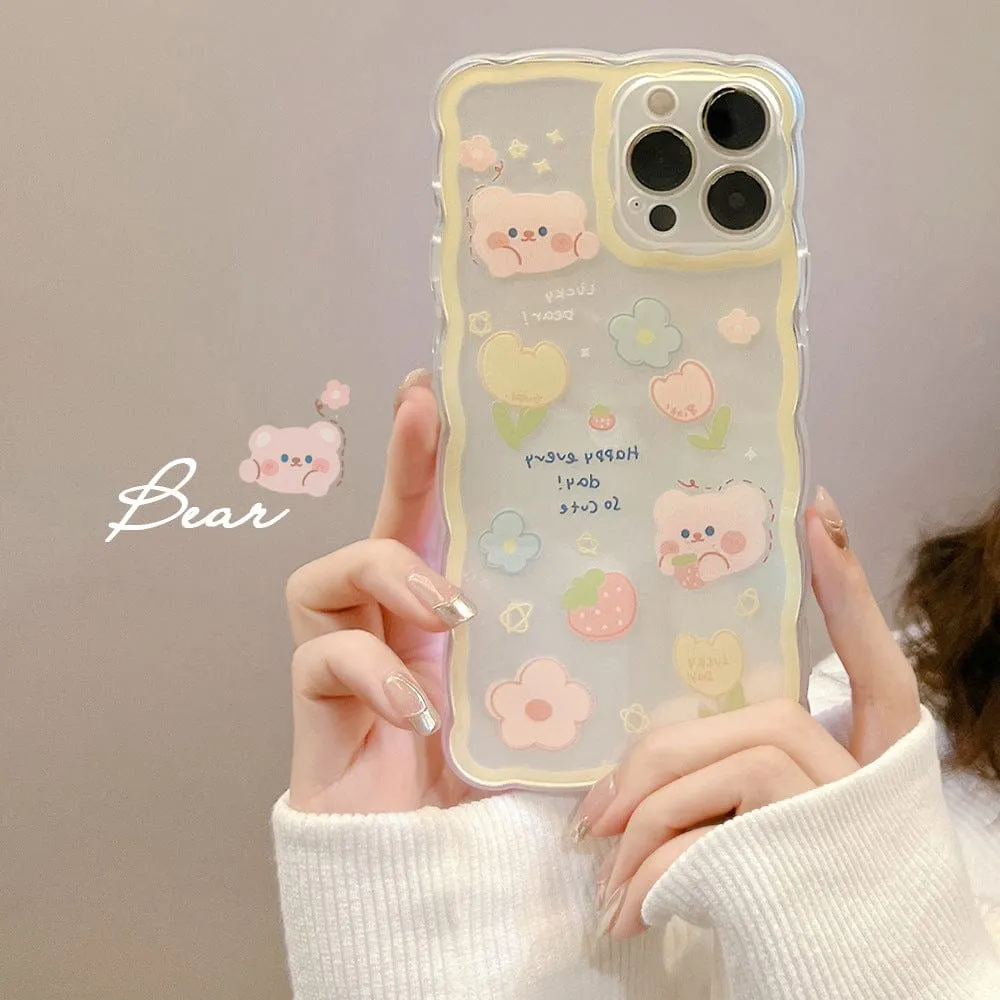 Sweet Summer Chocolate Bear Flowers Transparent Phone Case For iPhone