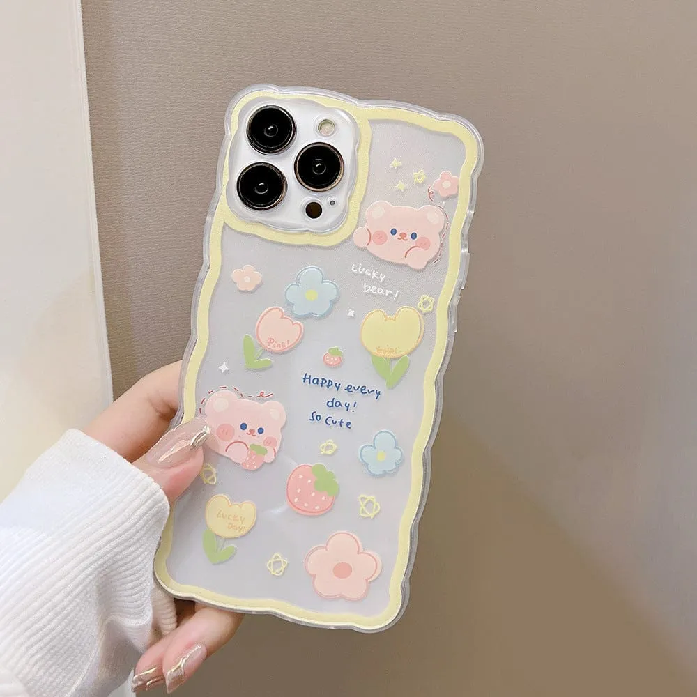 Sweet Summer Chocolate Bear Flowers Transparent Phone Case For iPhone