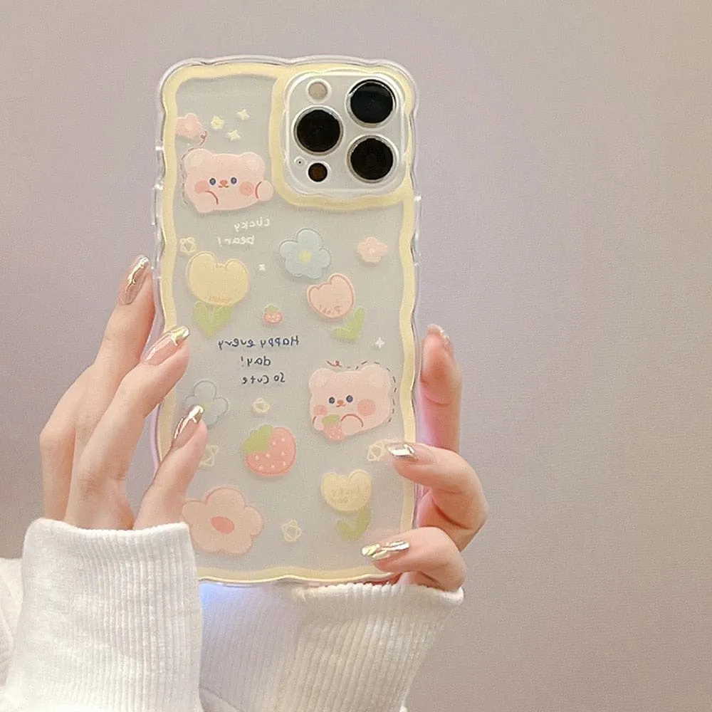 Sweet Summer Chocolate Bear Flowers Transparent Phone Case For iPhone