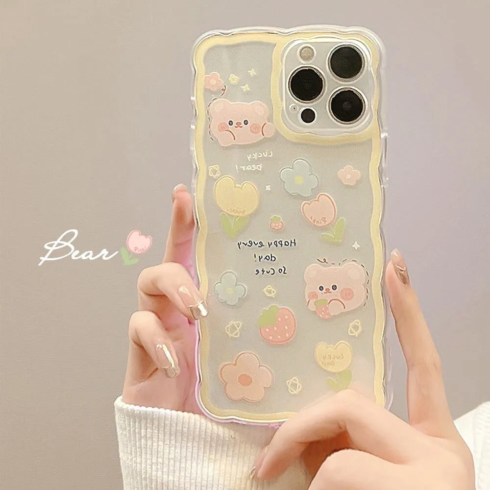 Sweet Summer Chocolate Bear Flowers Transparent Phone Case For iPhone