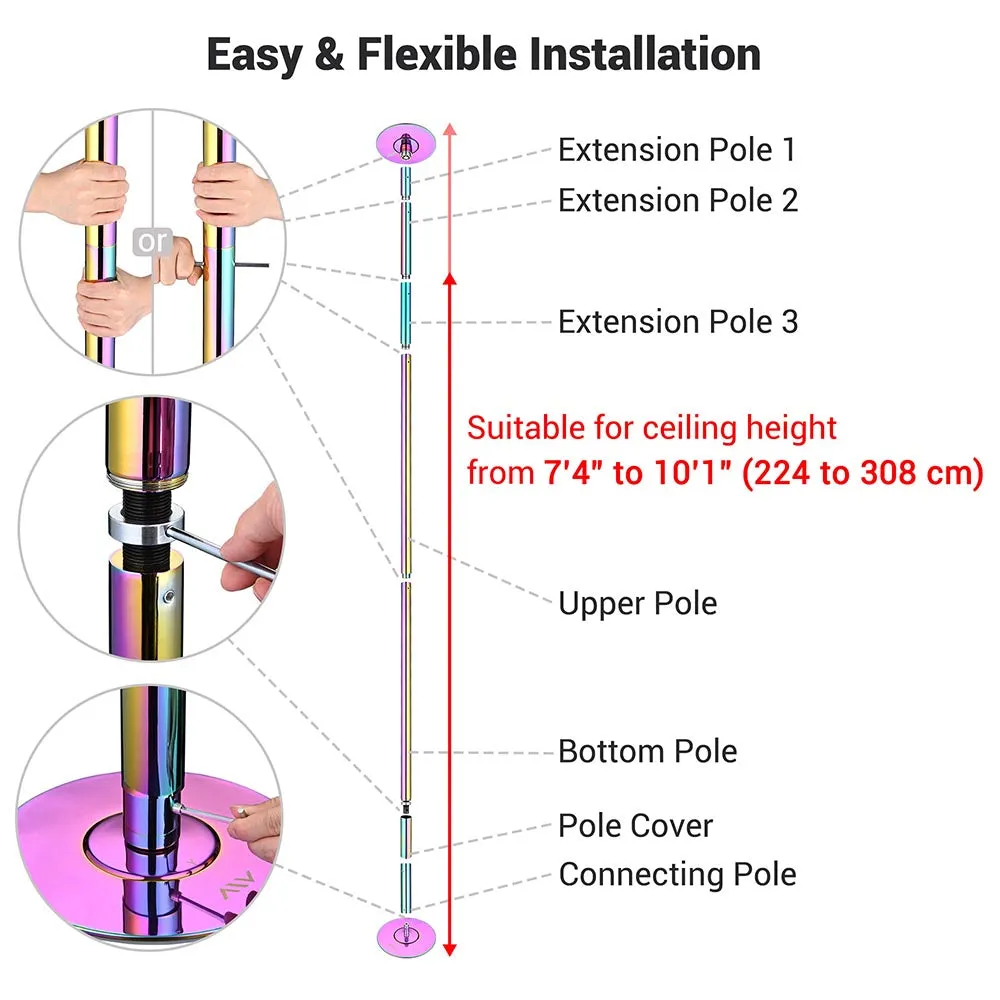 TheLAShop 10 ft Spinning Strip Pole Kit Removable 45mm Mermaid Multi-color