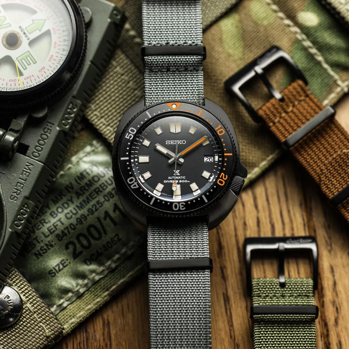 WatchGecko Ridge Military Nylon Watch Strap - Green - PVD IP Black