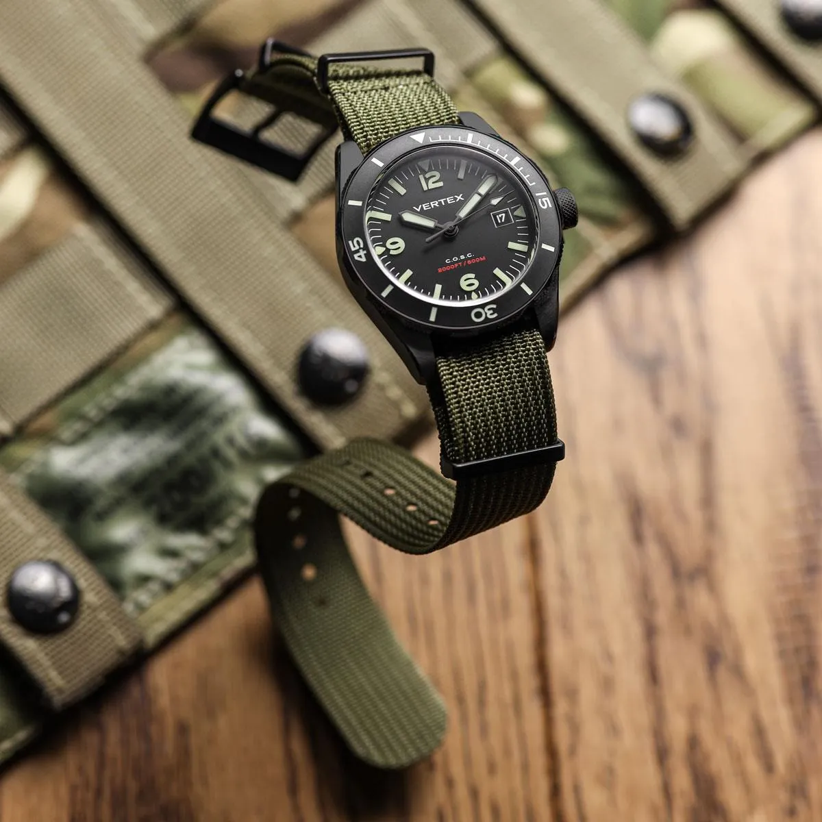 WatchGecko Ridge Military Nylon Watch Strap - Green - PVD IP Black