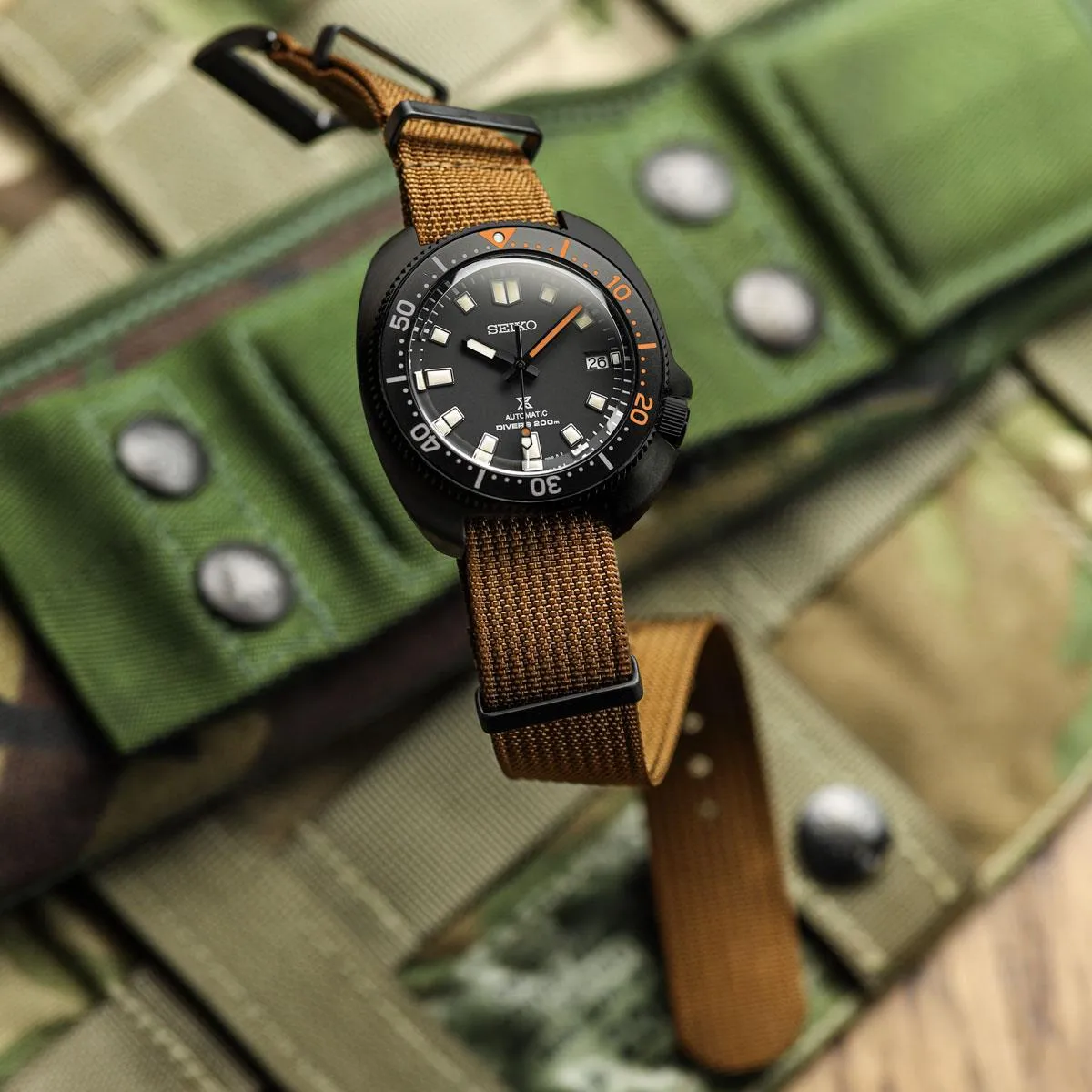 WatchGecko Ridge Military Nylon Watch Strap - Green - PVD IP Black