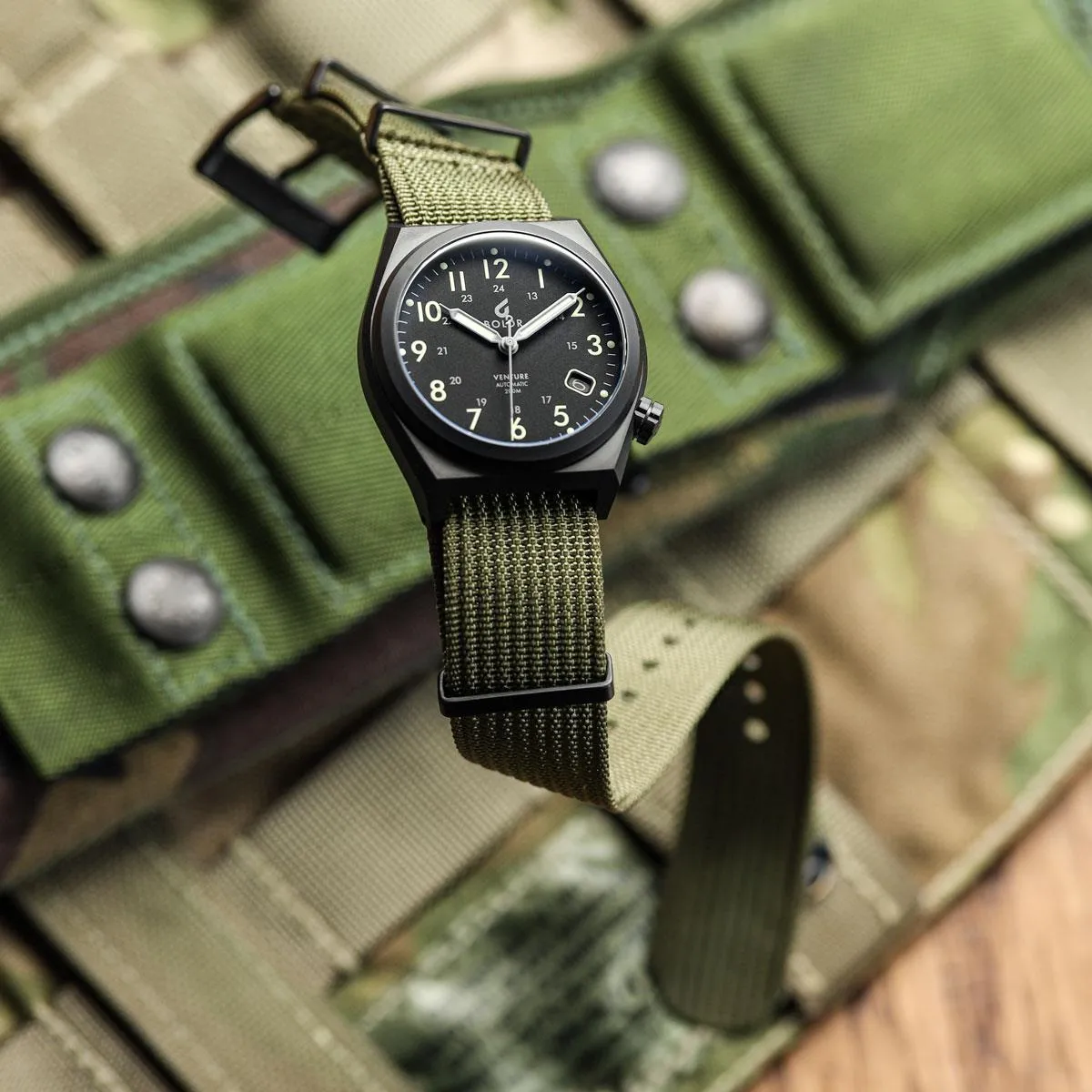 WatchGecko Ridge Military Nylon Watch Strap - Green - PVD IP Black