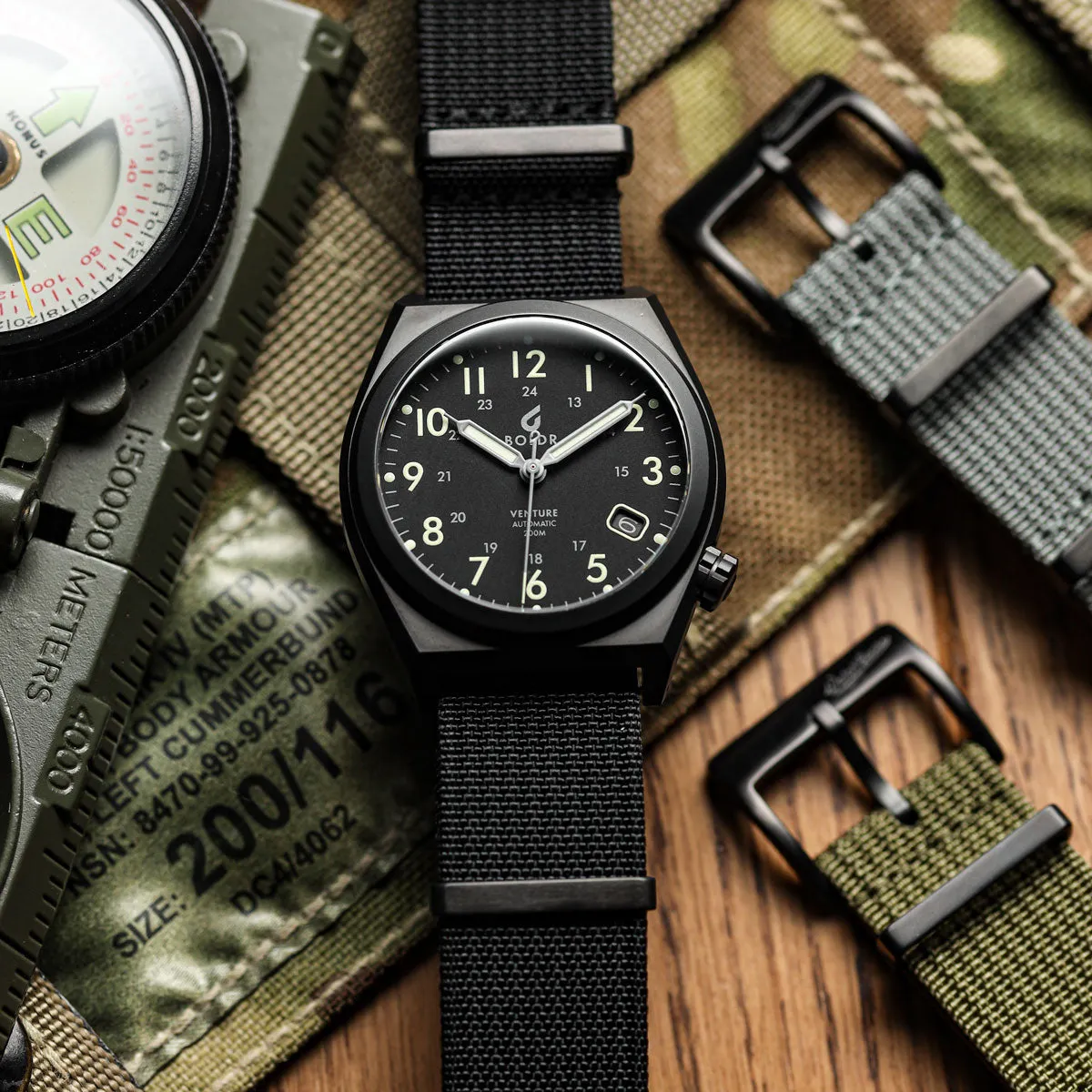 WatchGecko Ridge Military Nylon Watch Strap - Green - PVD IP Black